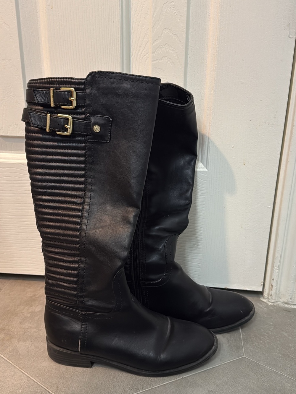 Express Black Tall Riding Boots with Buckle Strap Detail